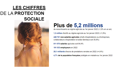 5,2 millions de bénéficiaires - 28,1 milliards de prestations versées - 4,7% de la population française protégée en maladie - 1,3 millions d'actifs au régime agricole au 1er janvier 2022
