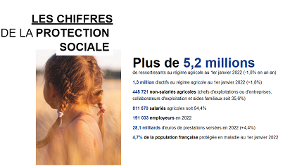 5,2 millions  de bénéficiaires - 28,1 milliards de prestations versées - 4,7% de la population française protégée en maladie - 1,3 millions d'actifs au régime agricole au 1er janvier 2022